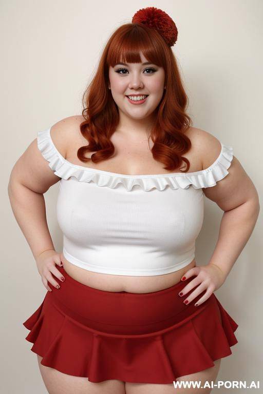 full body photo shot, the most sexy and chubby fat bbw cheerleader , with tummy and lovehandless, wearing a micro ruffle skirt, with pompom - #main