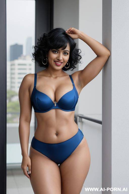 indian, 30 years, black hair, short curly hair, bangs, blue bra, blue slit microskirt, navel piercing, thick body, flexing arm, laugh, looking at camera, standing, heels - #main