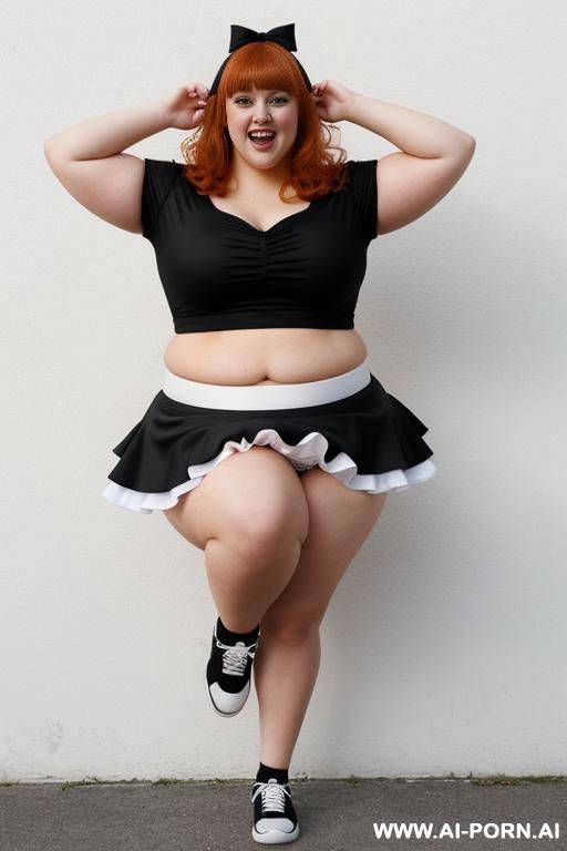 full body photo shot, the most sexy and chubby fat bbw cheerleader , with tummy and lovehandless, wearing a micro ruffle skirt, she is jumping - #main