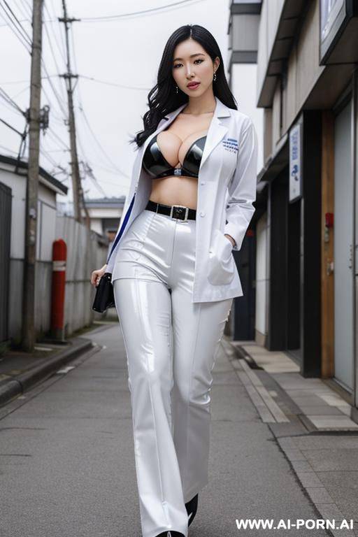 extremely white skin, extremely gigantic boobs, beautiful face, doctor uniform, black latex pants, street, show open big tits. japanese woman , woman - #main