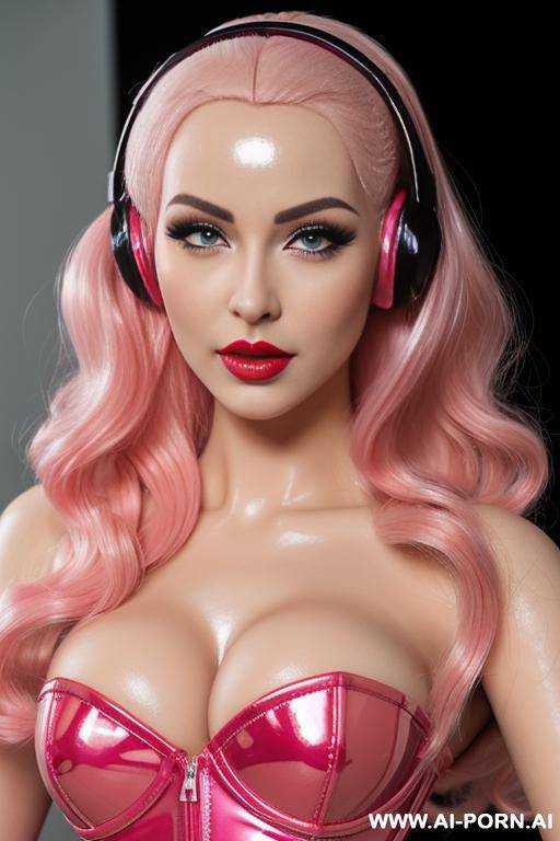 closeup of a beautiful plastic doll face, shiny plastic hair, very shiny red lips, shiny fake plastic blonde hair, pink eyes, pink plastic corset, pink headphones, red stiletto heels, doll pose - #main