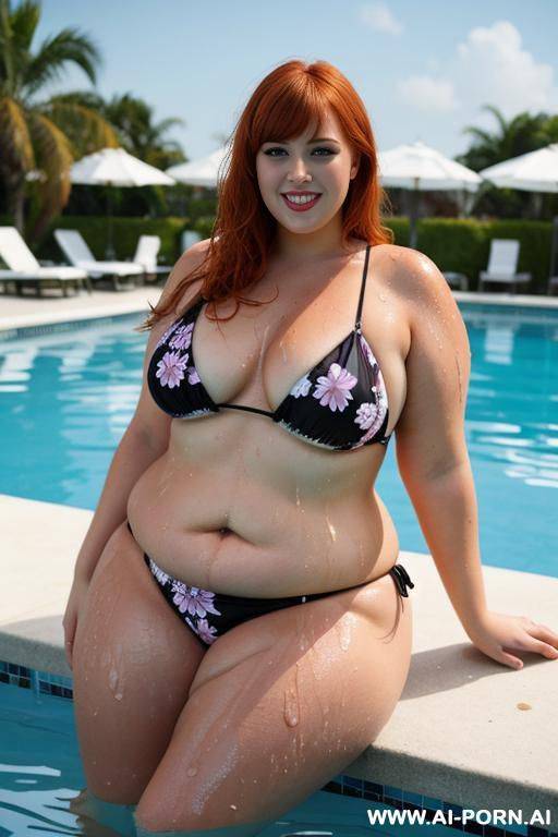 full body photo shot, about a pool party, woman so fat and chubby bbw, with tummy, wearing a sexy and micro silk bikini, print of flowers, she is so wet and seductive - #main