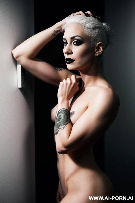 fully naked goth babe, white hair, many black tattoos, in a jail cell - #main