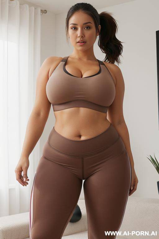 (sports bra), (yoga pants), chubby, (chubby figure), (medium-length brown ponytail), (brown eyes), (gigantic breasts), ((showing breasts), (exposing breasts), (naked breasts), (breasts not covered by (sports bra)), living room, wide hips, - #main