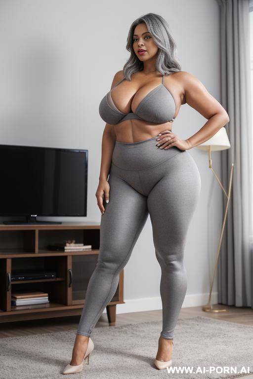 0-year-old grandmother, full body, standing, very visible age features, gray hair, massive boobs, triangle hips, thick thighs, big ass, wearing gray leggings, living room in front of the television - #main