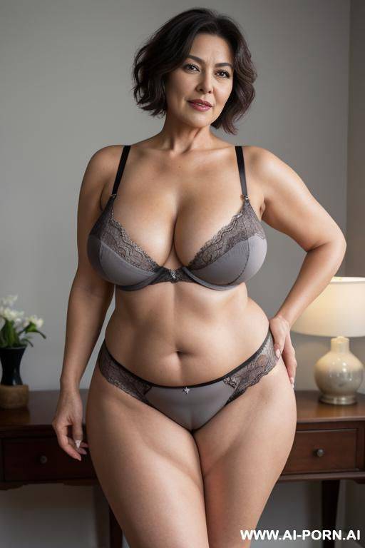 0-year-old grandmother, full body, standing, very visible age marks, triangle hips, thick thighs, huge breasts, big ass, short gray hair, wearing only a lace panties, topless, huge nipples, hands on hips, legs open, take off bra - #main