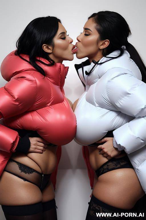 two women with gigantic boobs kissing in massive oversized puffer jackets, one getting fucked - #main