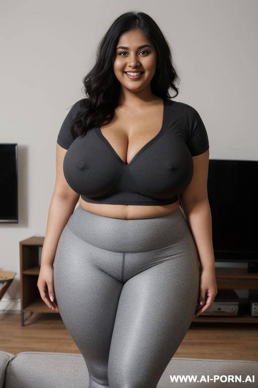 chubby woman, full body, standing, smiling, bald, wearing gray leggings, black t-shirt, triangle hips, thick thighs, living room in front of the television - #main