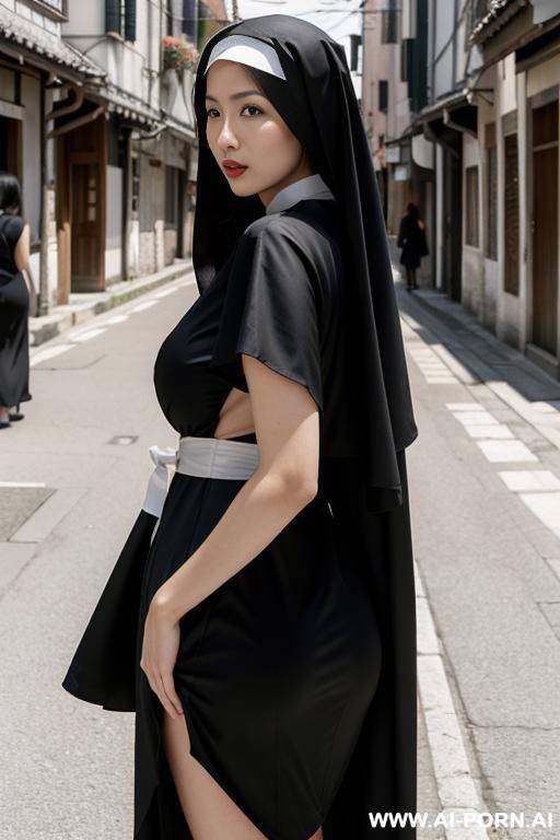 extremely white skin, ((extremely gigantic boobs)), beautiful face, nun black dress, she is in the street , show open dress , japanese woman.body looks in front ,she looks front , venetian blonde hair , woman , no nude boobs. - #main