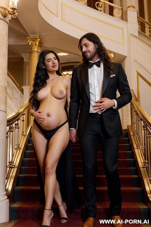 on the stairs inside a beautiful opera with gold railings and carpets. a woman and a man. a pregnant woman, only in red heels, completely naked, embraces a man. a man in an elegant suit, long tied hair . - #main