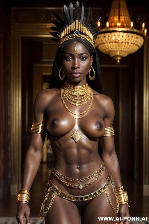 black african queen, palace, toned body. abs. perky nipples. gold necklace, bracelets, thigh chain, anklet, headdress. - #main