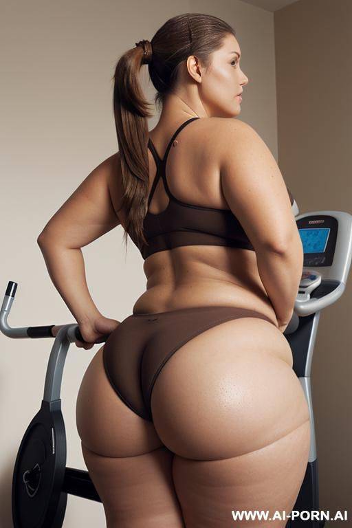 (chubby, (chubby woman), (chubby figure)), ((big round bottom), (bare bottom), (show bottom)), (angle of view bottom), (head looks to the side), ((long brown hair) , (ponytail hairstyle)), standing, gym, (exercise bike) - #main