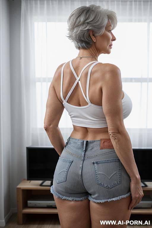 back view, 0 year old white grandmother, short gray hair, lady, full body, standing, clearly visible age features, gray hair, triangular hips, thick thighs, big ass, wearing denim shorts, transparent white tank top, living room in front of the television - #main