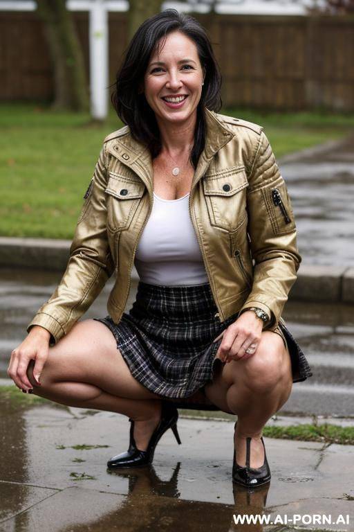 tough, raddled, messed up, mature, short skirt, jacket, squatting, open legs, dripping pee into puddle - #main