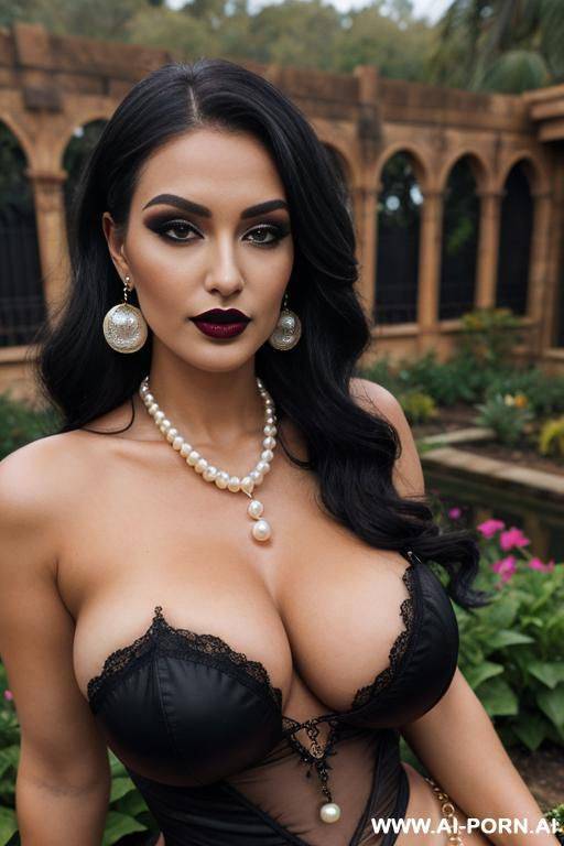 massive tits, garden, heavy pearl necklace, bracelets, slutty, hourglass figure, dark lips, hoop earrings, much makeup, witch - #main