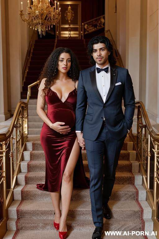 on the stairs inside a beautiful opera with gold railings and carpets. a woman and a man. a pregnant woman, only in red high heels, completely naked, short curls, a man in an elegant suit, long kinky hair. - #main