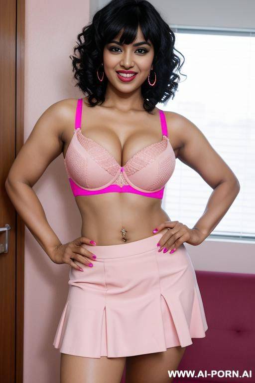 indian, 30 years, black hair, short curly hair, bangs, pink bra, pink microskirt, navel piercing, thick body, flexing arm, laugh, looking at camera, standing, heels - #main