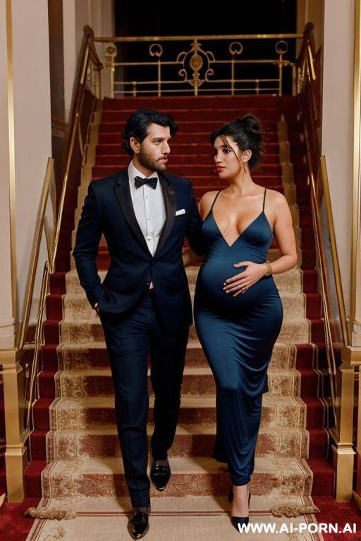 on the stairs inside a beautiful opera with gold railings and carpets. a woman and a man. a pregnant woman, only in red high heels, completely naked, short curls, a man in an elegant suit, hair bun. - #main