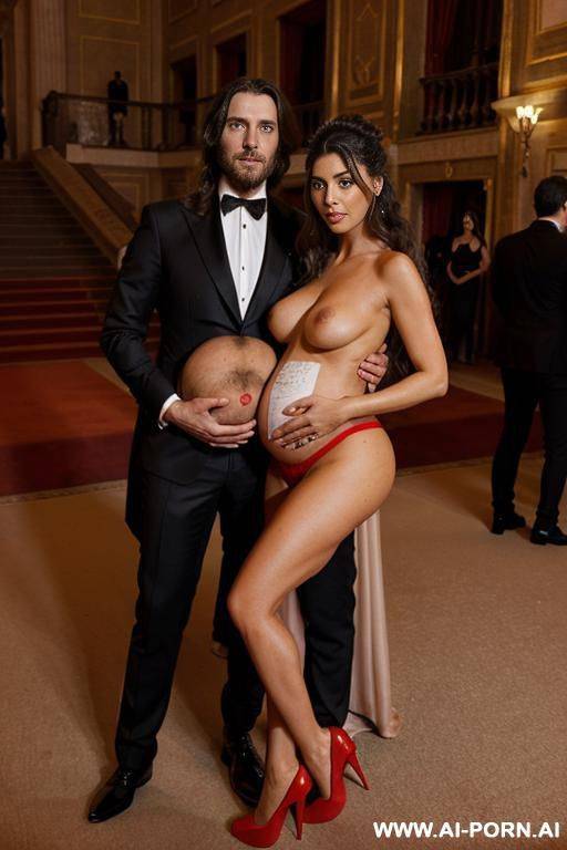 inside a beautiful opera with carpets, full of elegant spectators. completely naked beautiful pregnant woman with italian beauty, , black curls, breasts, hands, red heels and a man with long hair - #main