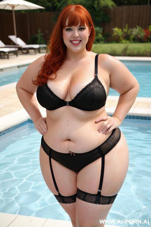 full body photo shot, about a pool party, miss chubby fat bbw cheerleader, with tummy, wearing a color sexy and hot stocking lingerie, she is so wet. - #main