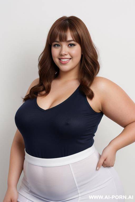 full body photo shot, professional photo studio, chubby fat bbw cheerleader, making a choreography, with big tummy and lovehandless, she is wearing a uniform with blue´s and white´s colors - #main