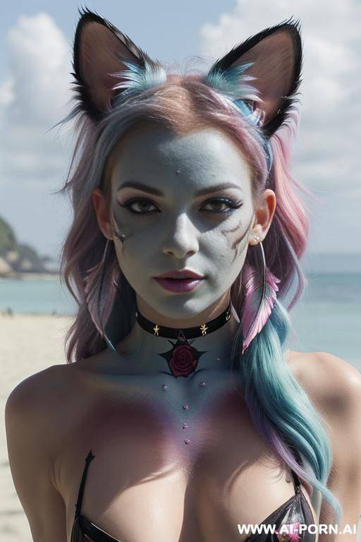 face, sexy, beautiful, ((evil woman)), ((face painting)), ((body painting)), ((bikini as seashell)), ((fantasy bikini)), ((roses)), ((eyes shw)), ((angel wings)), ((choker)), ((rainbow hair)), (( makeup)), - #main