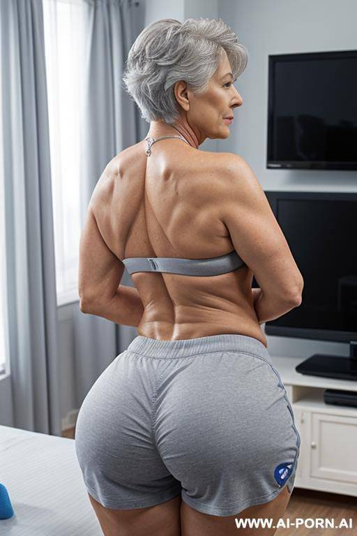 back view, white grandmother, short gray hair, lady, full body, standing, clearly visible age features, gray hair, triangular hips, thick thighs, (((big ass))), wearing blue gym shorts, (topless), room in front to the television - #main