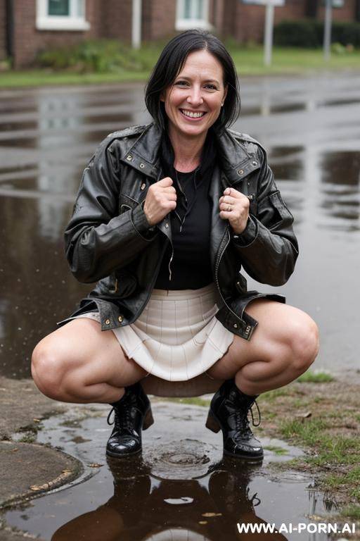 tough, raddled, messed up, mature, skirt, jacket, squatting, open legs, dripping pee into puddle - #main