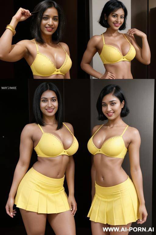 indians, 20 years, black hair, short messy hair, muscular arms flexing, thick body, thick ass, yellow bra, yellow skirt, navel piercing, smile, looking at camera, heels, front view - #main