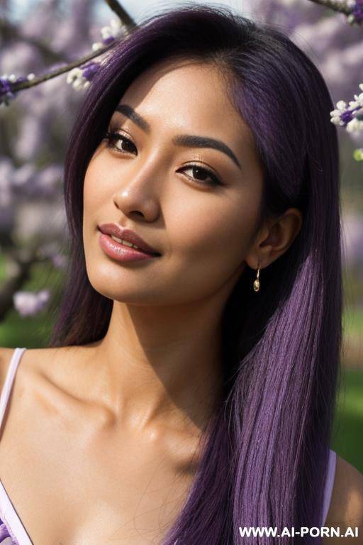 (highest quality) (visually pleasing) (se-ira sodesh-iro) medium closeup, her tanned body, detailed eyes, purple pupils, flowing hair, japanese, various hairstyles, cheerful cougar, provocative look, - #main