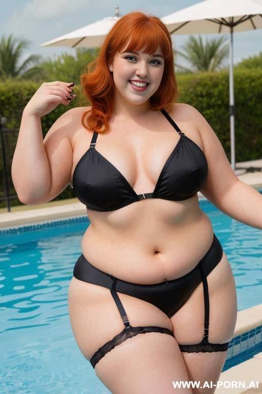 full body photo shot, about a pool party, miss chubby fat bbw cheerleader, with tummy, wearing a sexy and hot stocking lingerie, she is jumping to the pool. - #main