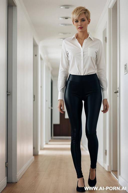 cheeky, short, slender, german, pert, blonde, pixiecut, shirt, leggins, standing, hallway - #main