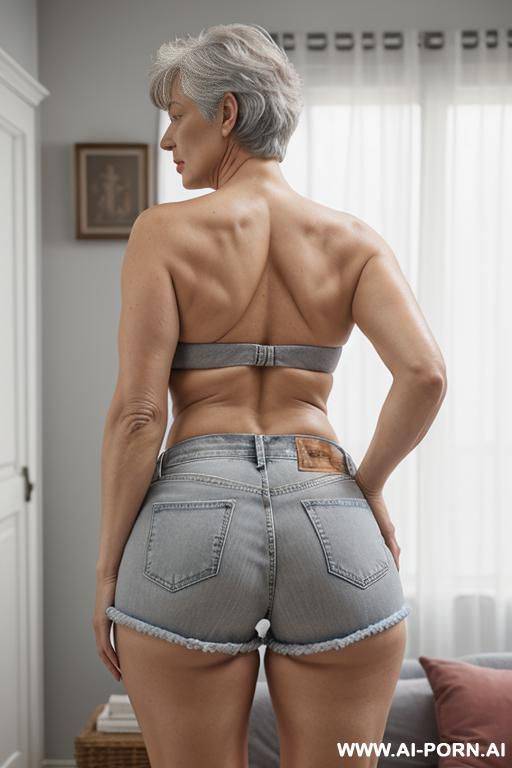 back view, 0 years old white grandmother, short gray hair, lady, full body, standing, clearly visible age features, gray hair, triangular hips, thick thighs, big ass, wearing denim shorts, (topless), room in front on television - #main