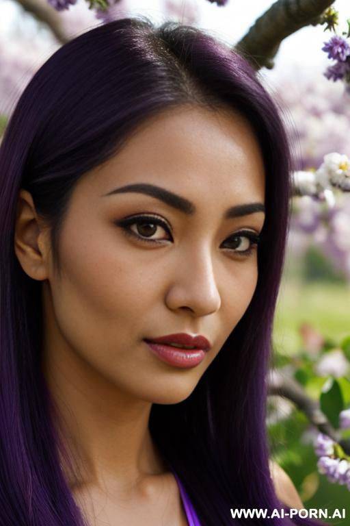 (highest quality) (visually pleasing) (se-ira sodesh-iro) medium closeup, her tanned body, detailed eyes, purple pupils, flowing hair, japanese, various hairstyles, cheerful cougar, provocative look, - #main