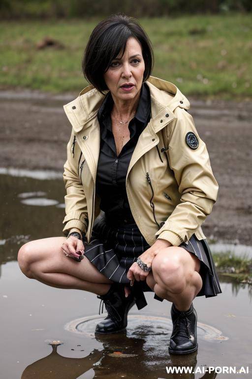 tough, raddled, messed up, mature, short skirt, jacket, squatting, open legs, dripping pee into urinepuddle - #main