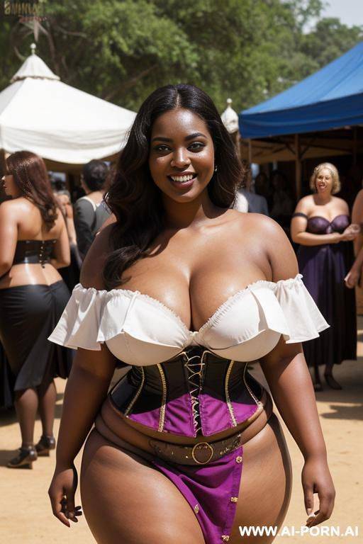 (bbw bimbos with massive oversized boobs), two woman in super short extra slutty gladiator micro skirt and strapless off the shoulder corset blouse exposing bare boobs while walking in crowded - #main