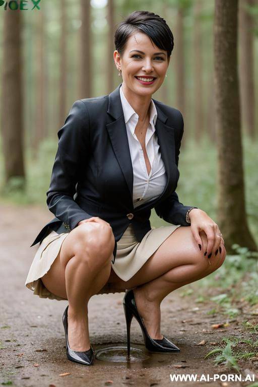 (pixiecut) (businesswoman) (blazer) (short skirt) (squatting) (forest) (open legs) (shirt) (pussy drip water onto ground) (peeing) (pussy) - #main