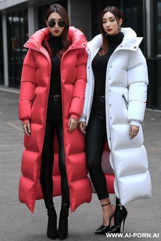 two suburb moms sharing double ended dildo, wearing massive oversized puffer jackets - #main