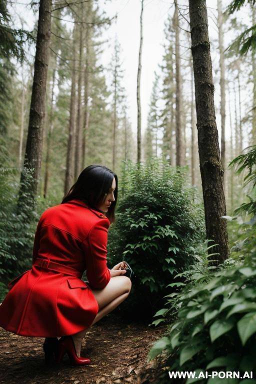 elegant, italian, red coat, forest, plants, bushes, squatting, holding wipe - #main