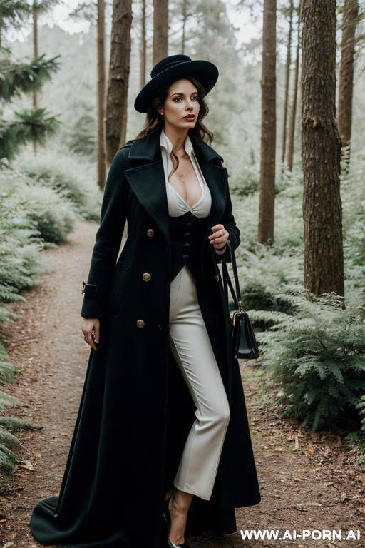 elegant, italian, long coat, forest, plants, bushes, squatting - #main