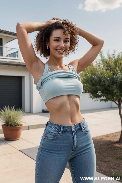 a woman standing outdoors in front of a tree, with her arms raised and hands behind her head. she has curly hair tied up, and she is smiling naturally. she is wearing a sleeveless, - #main