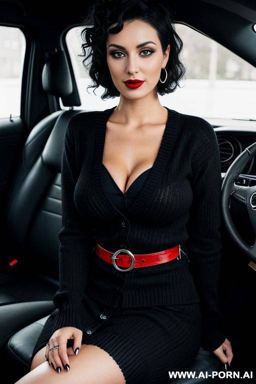 turkish woman with big lip piercings short curly hair in a ponytail, wearing a black with red sweater and navy pants with a black belt, who’s into cars - #main