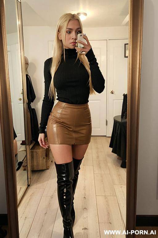 woman long dark blonde hair tight black turtleneck short leather brown skirt shoes high boots selfie photo in the mirror - #main