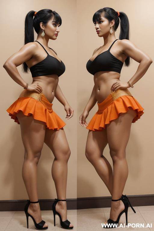 indians, 20 years, black hair, short ponytail, bangs, abs, orange vra, orange frilly skirt, navel piercing, tall, thick ass, thick thighs, heels, side view, muscular arms - #main