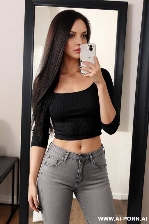 woman long hair gray jeans black top selfie photo in the mirror - #main