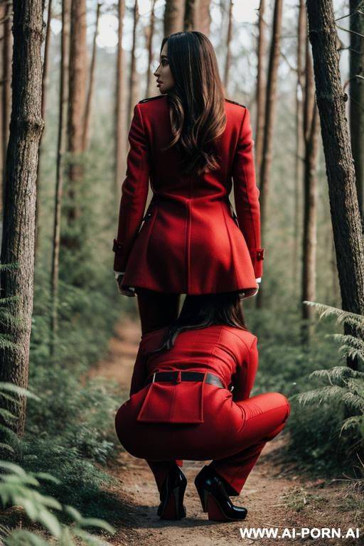 elegant, italian, red long coat, forest, behind scrub bushes, squatting, - #main