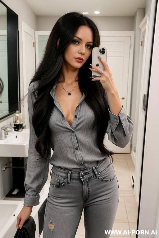 woman long hair gray jeans black blouse selfie photo in the mirror - #main