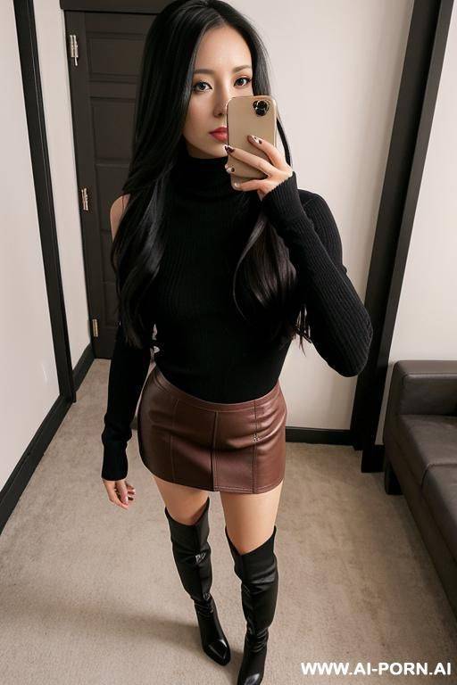 woman long hair tight black turtleneck short leather brown skirt shoes high boots selfie - #main