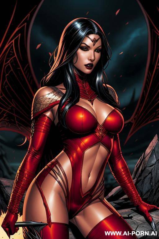 (((comic book art))), ((high fantasy)), demon lady, red skin - #main