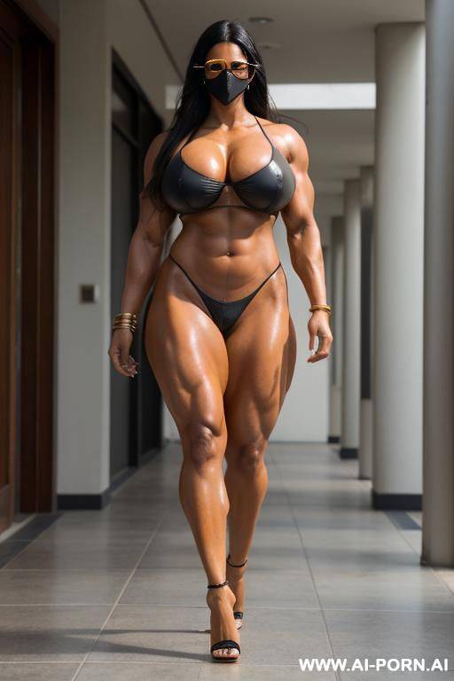 ripped monstrous muscular indian giantess with colossal boobs , monstrous muscles, giant tall, monstrous body, monstrous legs, covering face with mask and glasses, dreanched in oil, walking wearing high heels, full body shot, sexy oiled massive boobs, - #main